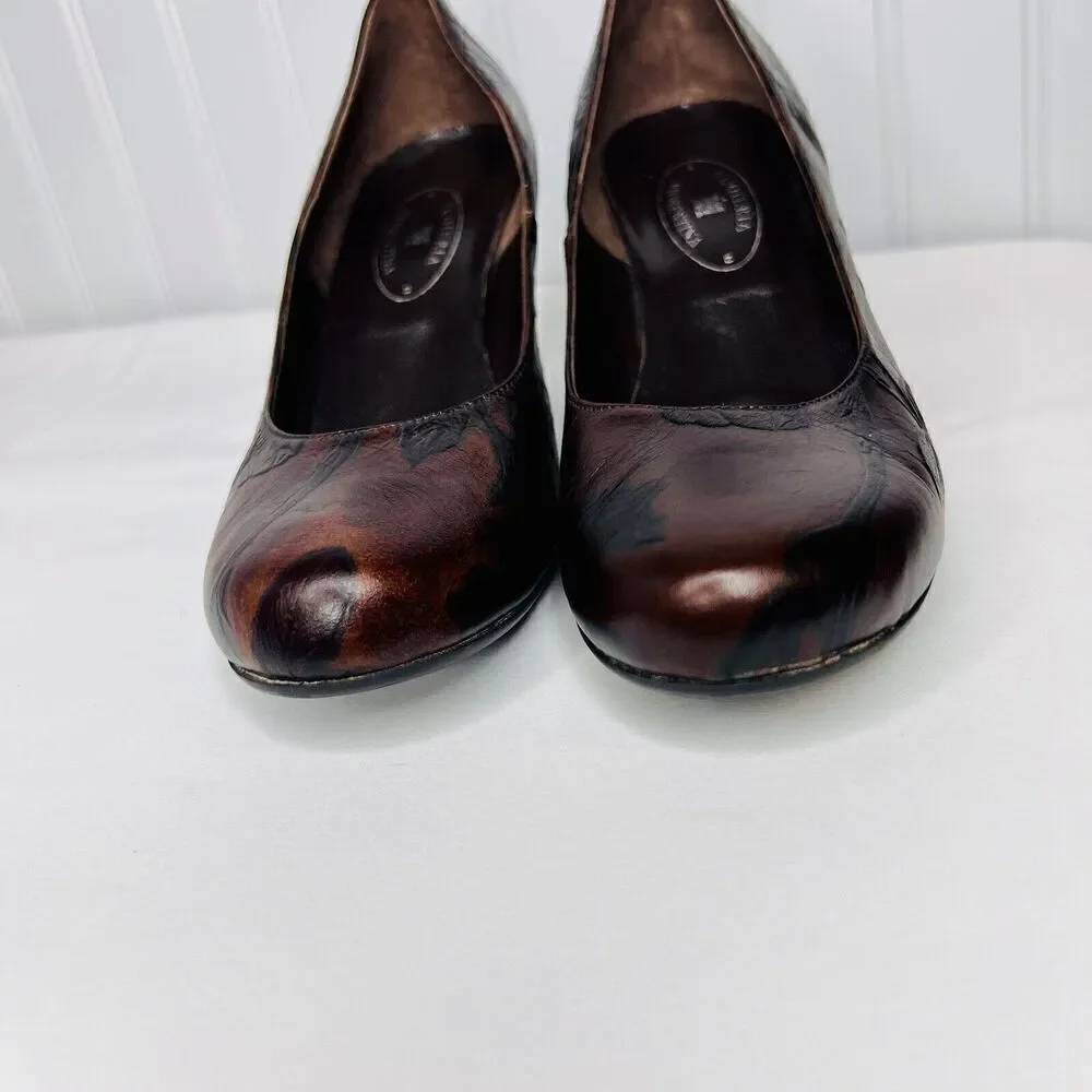 Cuoieria Fiorentina Italy Tuscan Sz 8.5 Heels Chocolate Brown Leather Floral